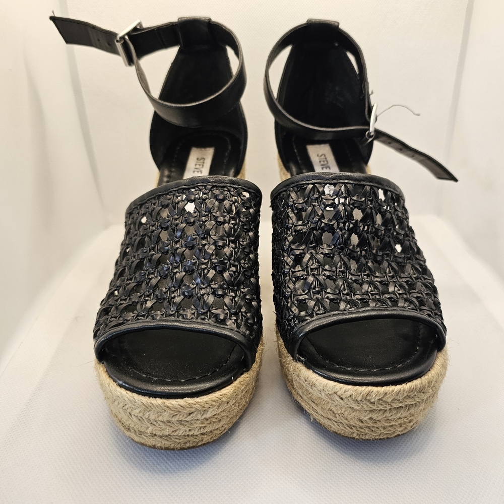 Steve Madden Joni wedge sandal shoes 6.5 heels black espadrilles open toe lace - Picture 2 of 11